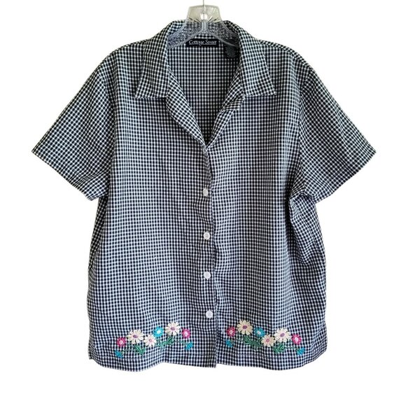 Vintage Grandmacore Blouse Women's Large Embroidered Gingham Cottagecore - Picture 1 of 8